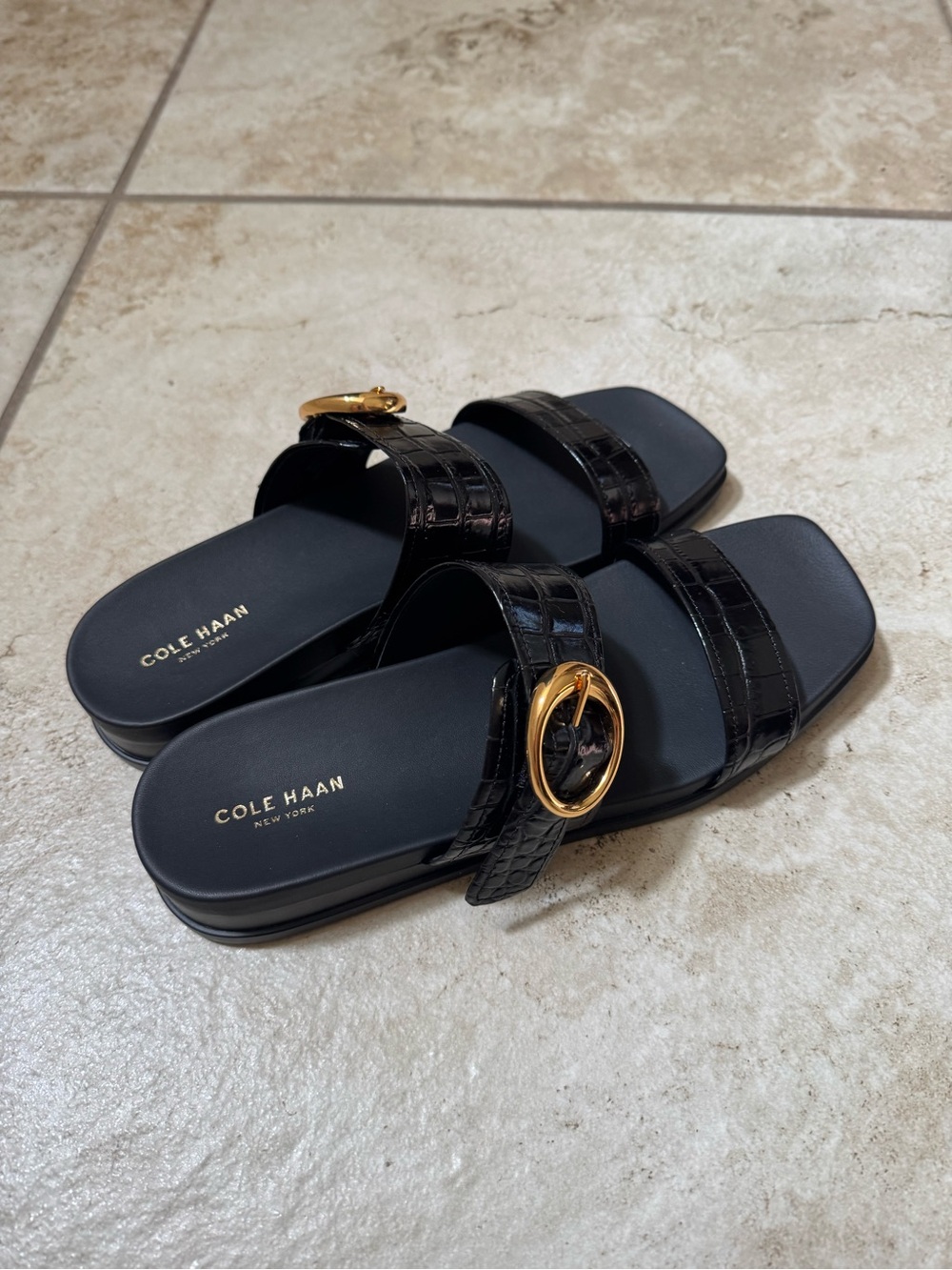 Cole Haan Black Croc-Embossed Slide Sandals with Gold Buckle NewAccent
